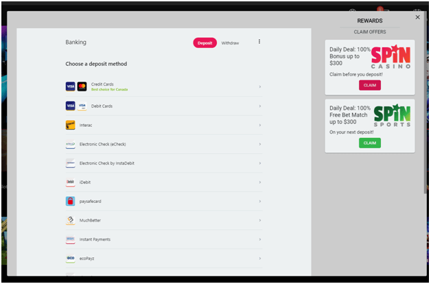 Vegas Spin Slots at Spin Casino Canada- Banking options